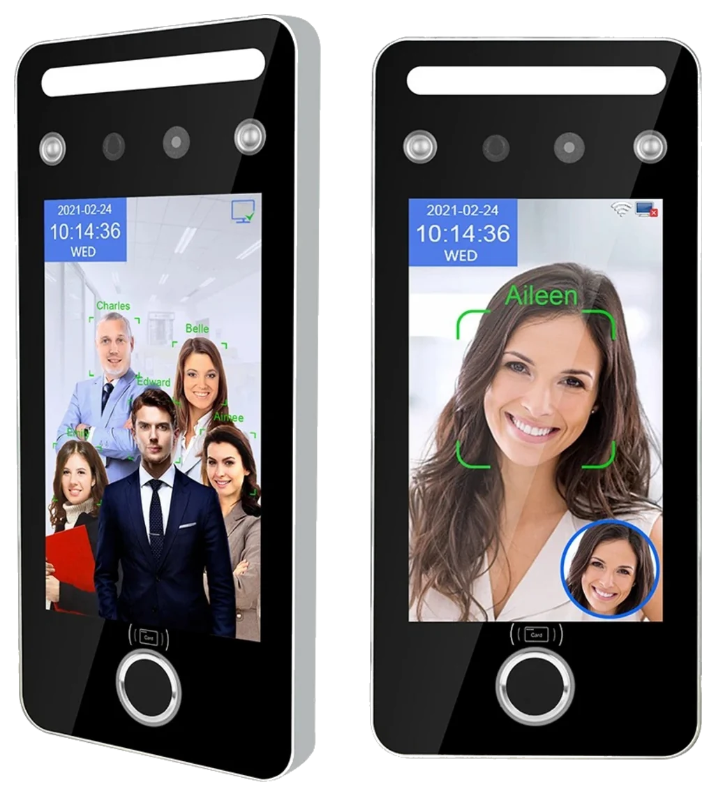 Borne de pointage Veritemps vue de face et de trois quarts, écran tactile affichant l’écran de badgeage